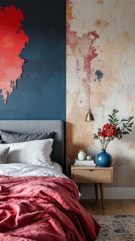 A luxurious bedroom featuring a chic accent wall with bold colors and contrasting textures.