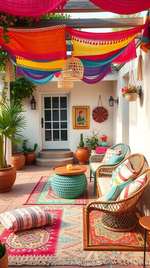 A vibrant outdoor space featuring colorful textiles, comfortable seating, and decorative elements.