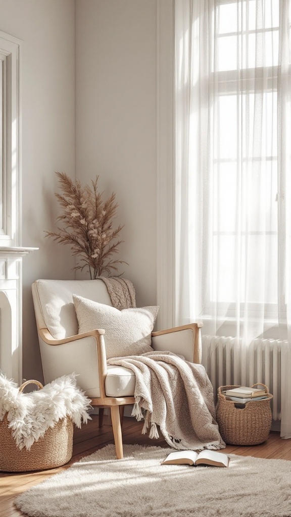 A cozy reading nook with a comfy chair, soft blankets, and natural light.