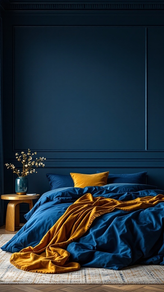 Elegant bedroom with deep blue walls, gold accents, and cozy bedding.