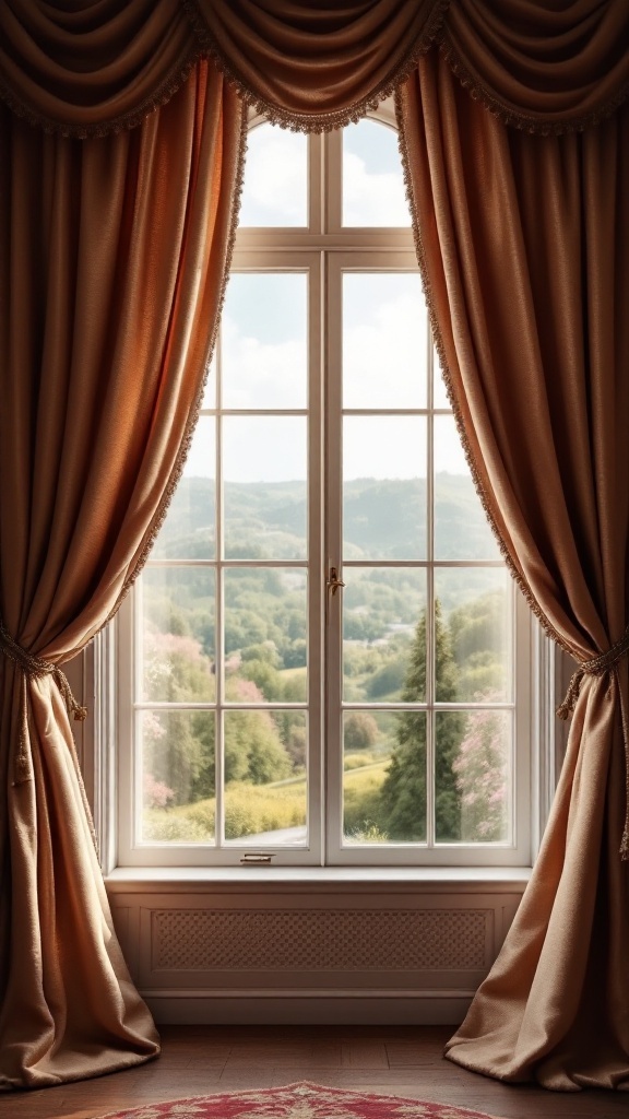 Elegant drapery framing a window with a scenic view