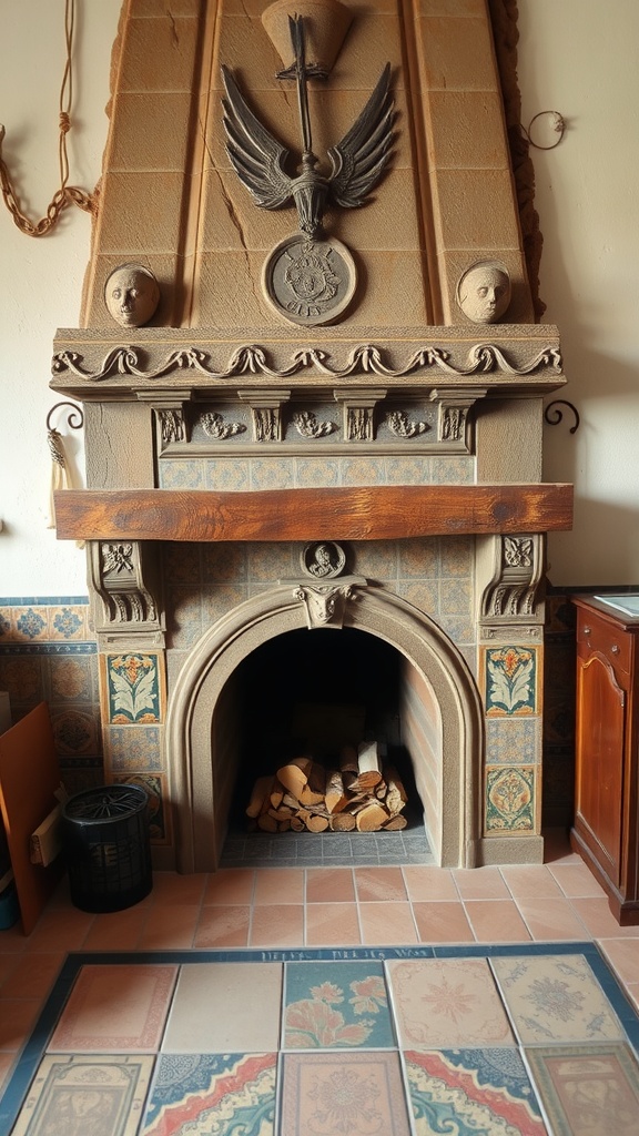 A beautifully designed fireplace with Spanish tiles and wooden mantel.