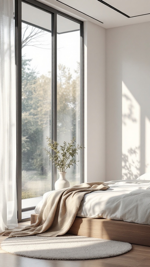 A bright and airy bedroom featuring floor-to-ceiling windows, a cozy bed, and a decorative vase with plants.