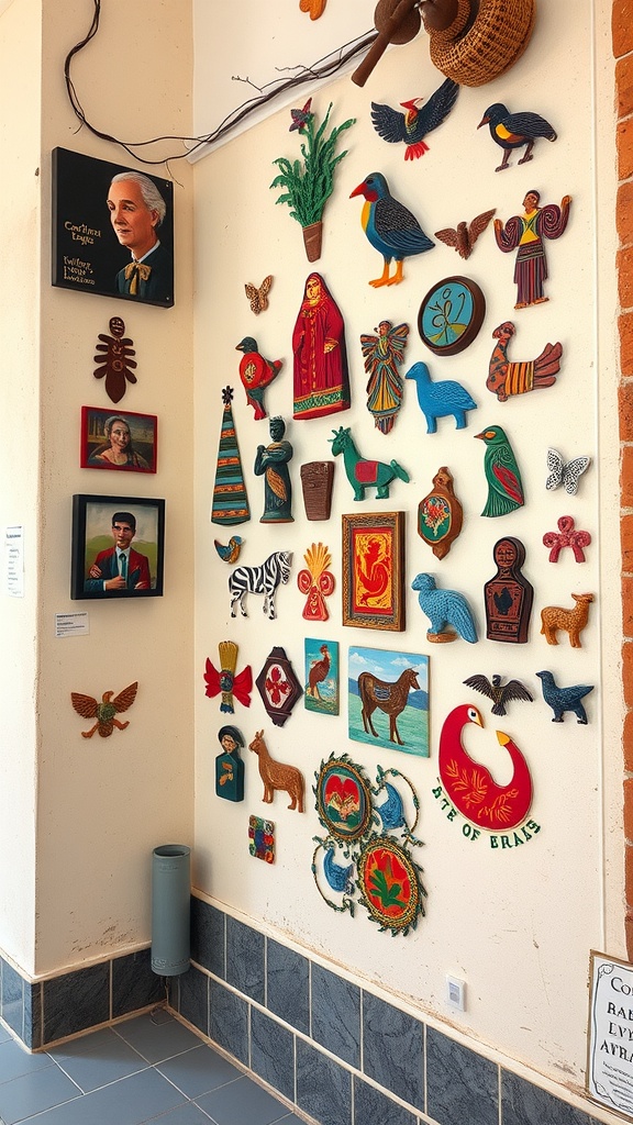 A vibrant display of folk art on a wall featuring colorful wooden figures and decorations.