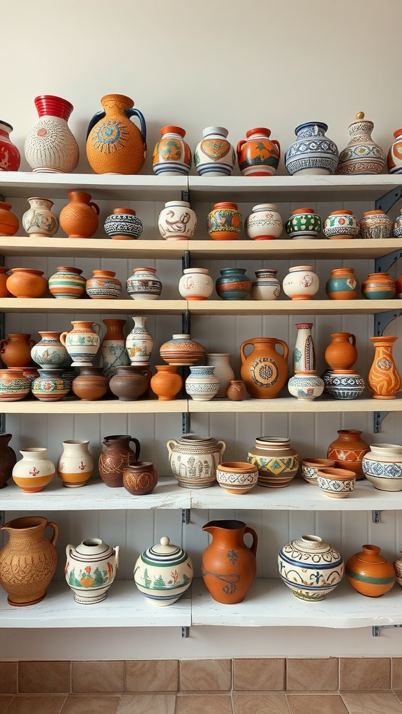 Colorful handcrafted pottery displayed on shelves