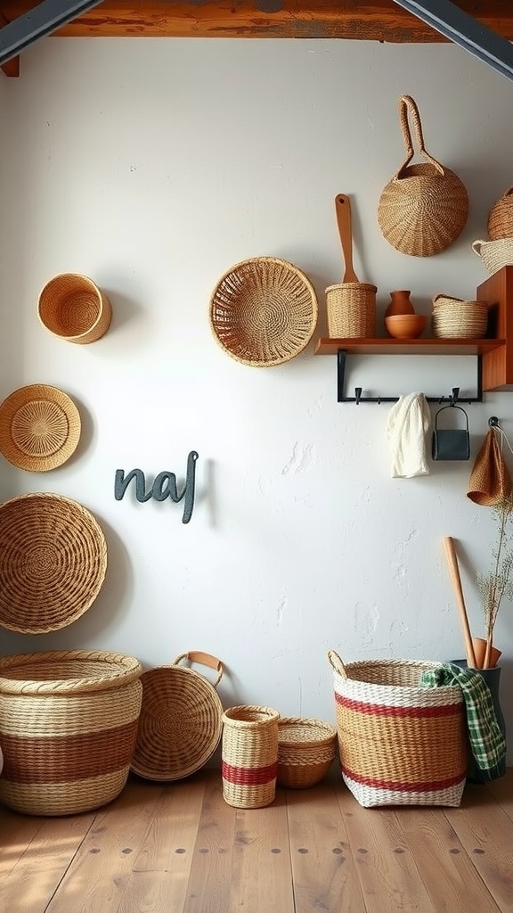 A collection of handwoven baskets displayed on a wall and floor, creating a warm and inviting atmosphere.