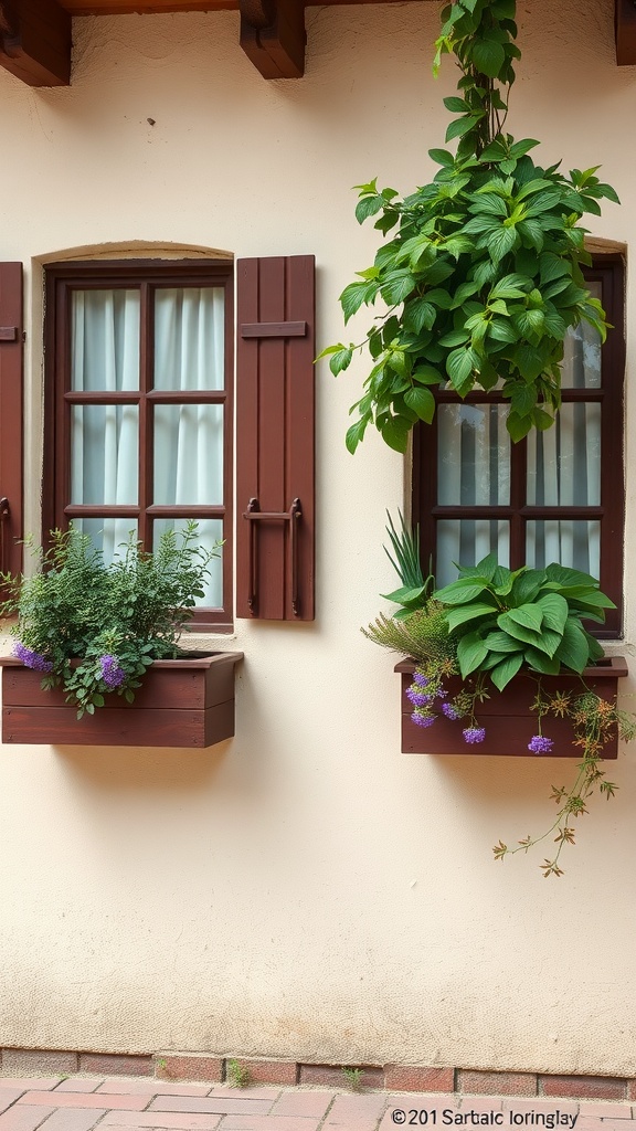 Herb garden planters with various green plants and flowers by windows.