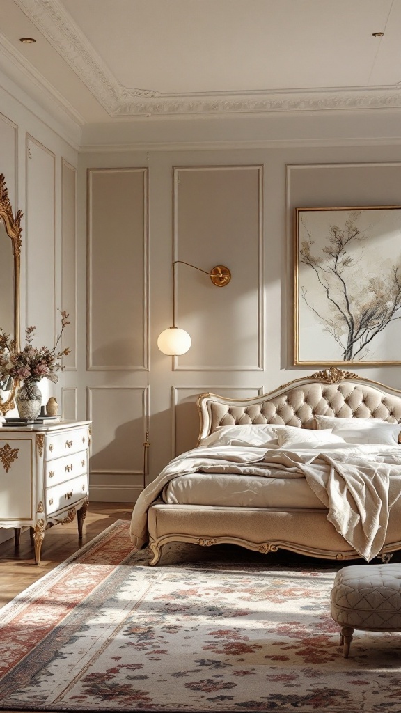 Luxurious bedroom with a plush bed and elegant furnishings.