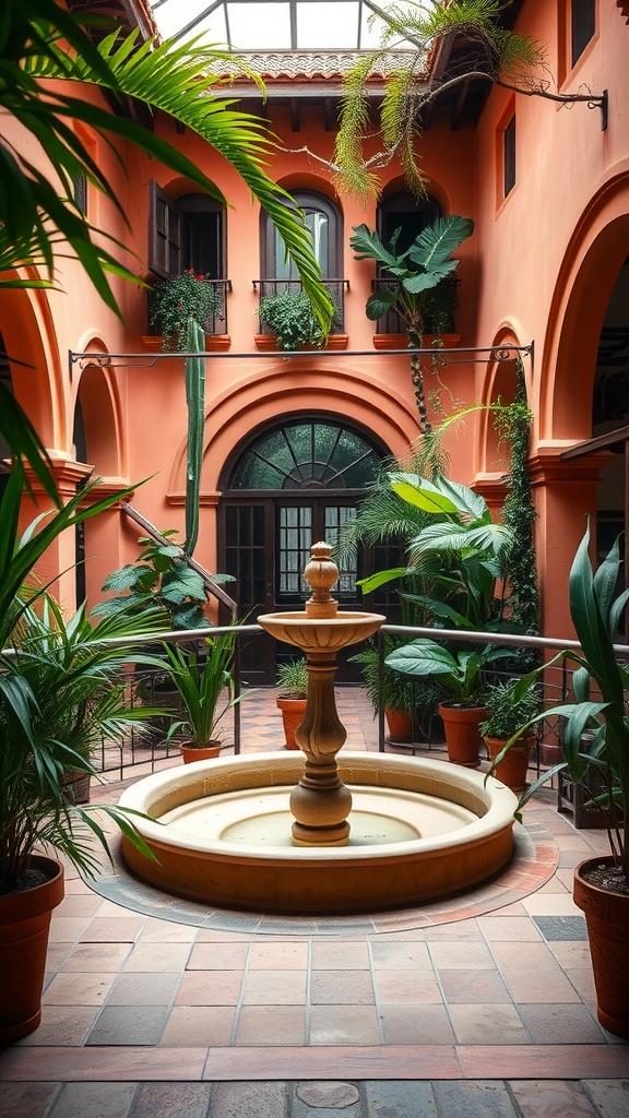 Indoor courtyard with a fountain and lush greenery