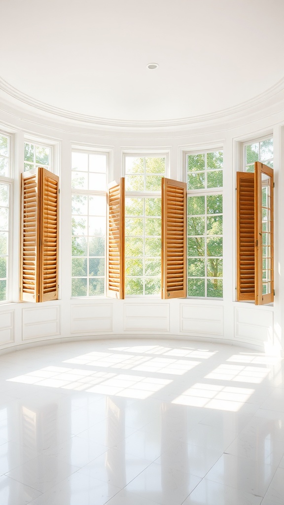 A bright room featuring large windows with wooden shutters