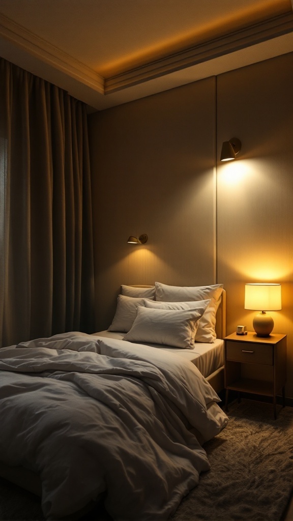 A cozy bedroom with layered lighting featuring bedside lamps and wall sconces.