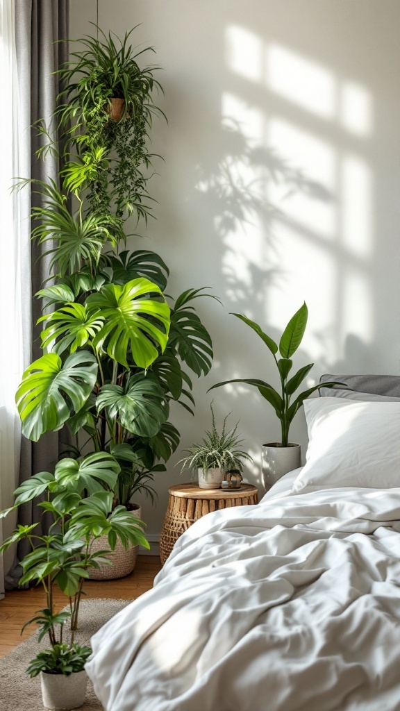 A cozy bedroom featuring various indoor plants and a neatly made bed.