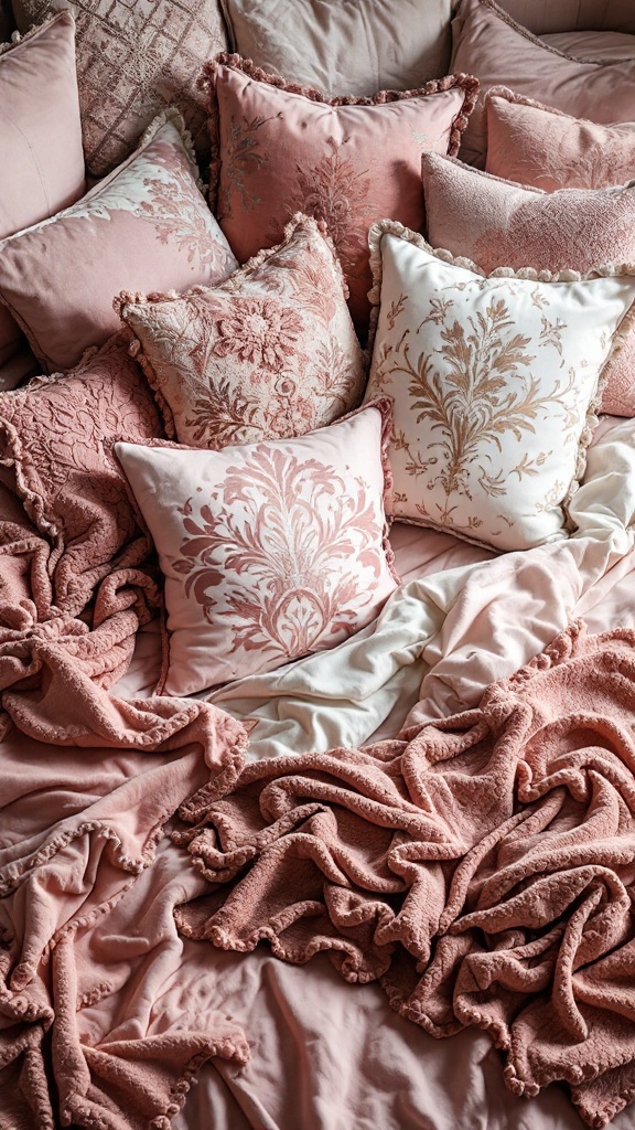 A collection of luxurious pink pillows and soft throws on a bed