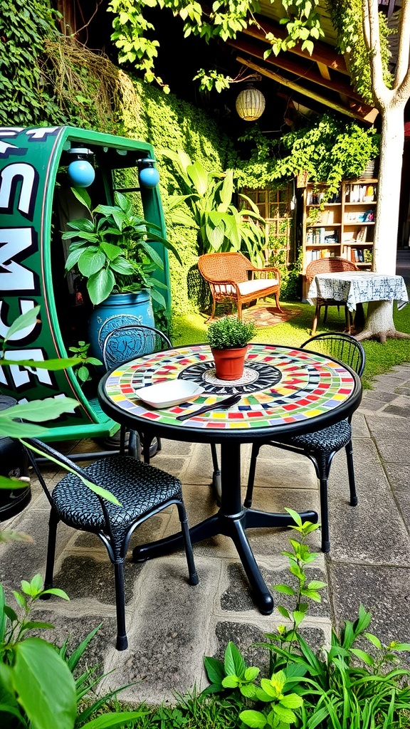 A vibrant mosaic tabletop surrounded by chairs in a lush garden setting.