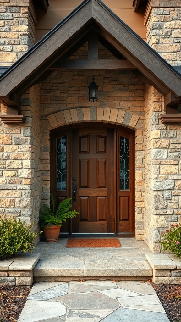 Entrance of a Spanish ranch-style home featuring natural stone elements.