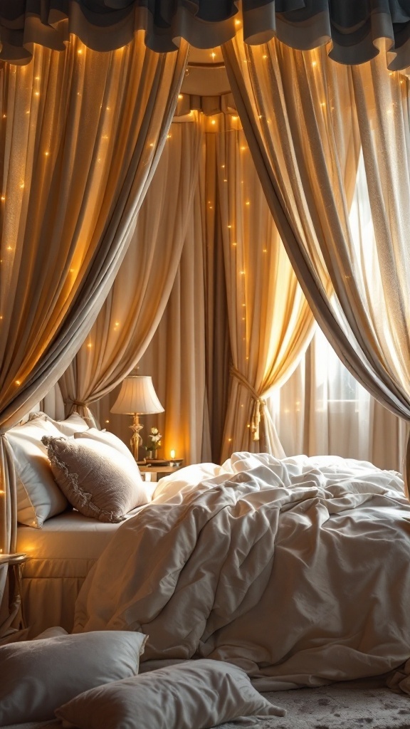 Luxurious bedroom featuring an opulent canopy bed with soft lighting and draped curtains.