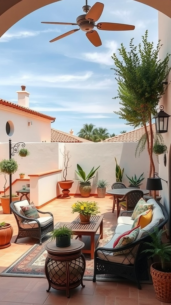 Cozy outdoor living space with seating and plants in a Spanish ranch-style home.