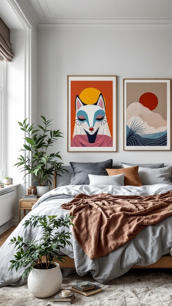 A stylish bedroom featuring personalized artwork on the walls.