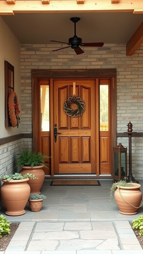 A rustic ranch-style entryway featuring a wooden door with a wreath, surrounded by potted plants.