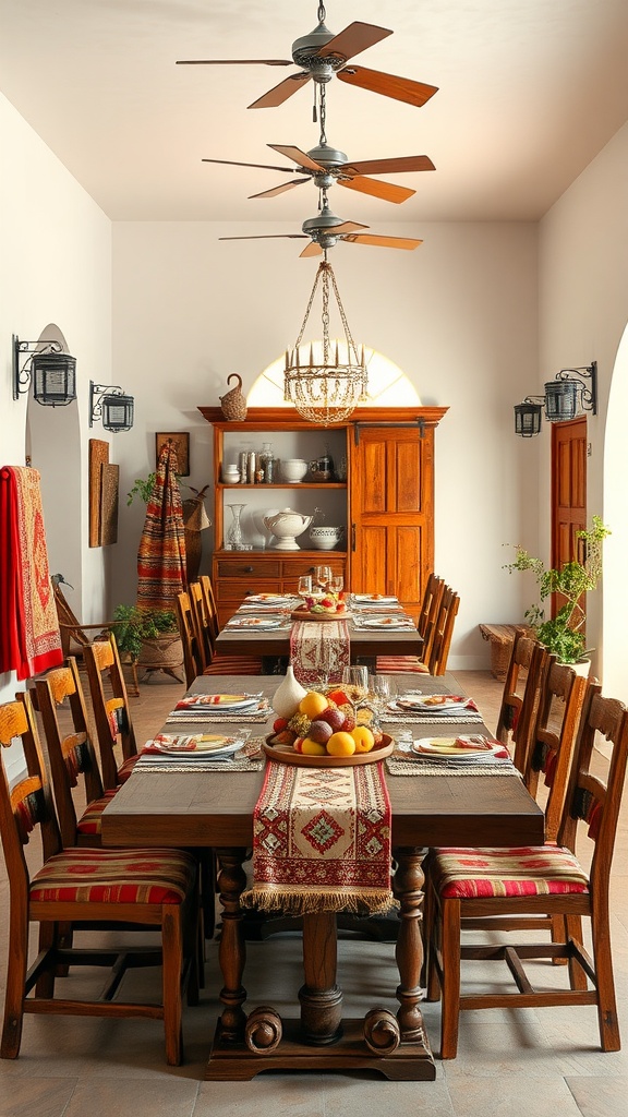 A rustic dining room with a long wooden table, wooden chairs, and vibrant textiles.