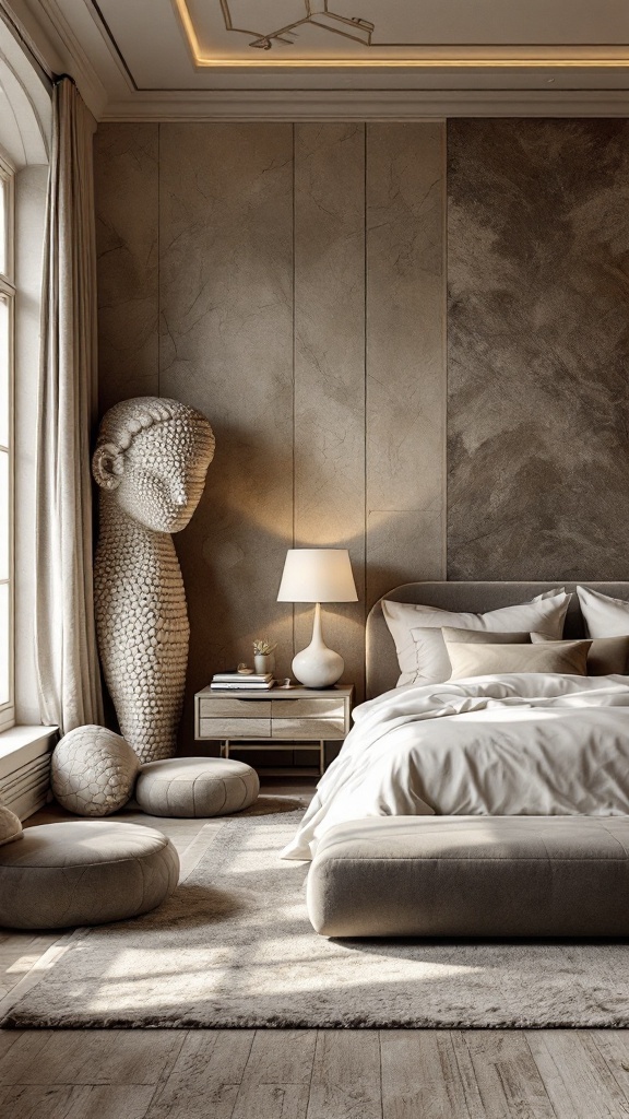 A luxurious bedroom with sculptural furniture pieces, including a unique bedside table and decorative sculptures.