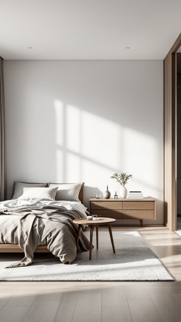 A minimalist bedroom featuring a bed, side table, and soft lighting