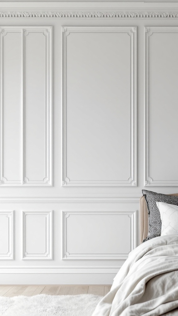 Elegant bedroom wall with decorative paneling and soft bedding.