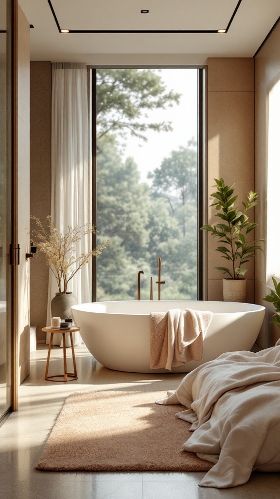 A serene bedroom with a spa-inspired aesthetic featuring a bathtub, natural light, and soft textiles.