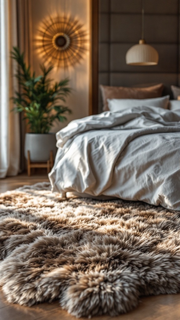 A luxurious bedroom featuring a plush area rug, warm lighting, and elegant decor.