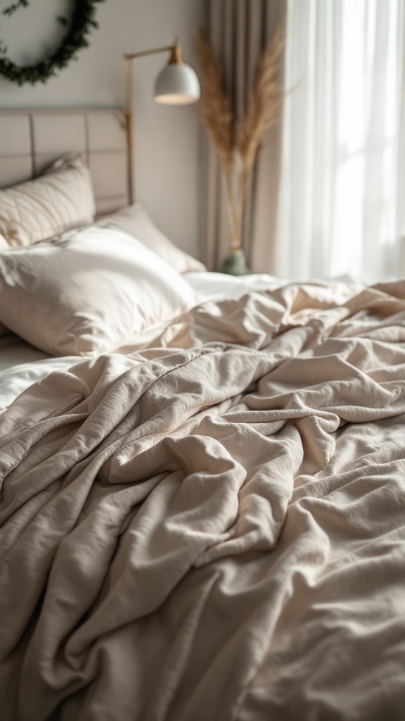 Close-up of a bed with soft, wrinkled bedding and pillows in a cozy bedroom setting