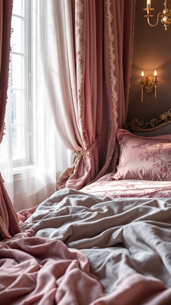 Luxurious bedroom featuring soft, layered textiles and elegant curtains