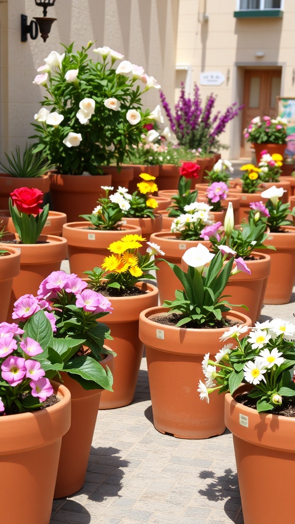 Colorful flowers in terracotta plant pots outside a building.