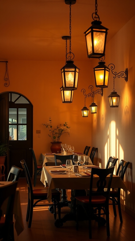 Traditional Spanish-style lighting with wrought iron lanterns in a cozy dining area.