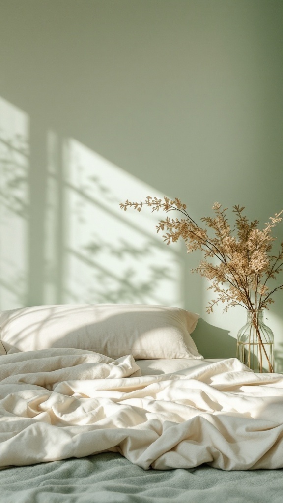 A cozy bedroom with soft green walls, layered bedding in cream, and a vase of dried flowers creating a tranquil atmosphere.