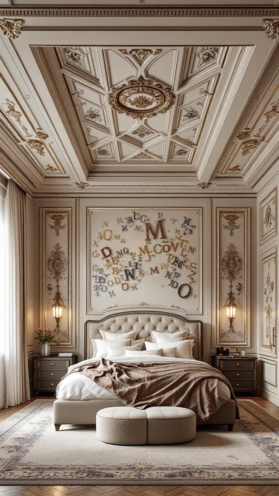 Luxurious bedroom with a unique ceiling design featuring intricate moldings and decor.