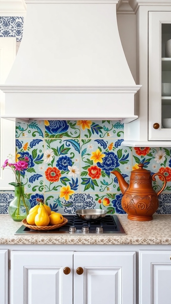 A kitchen with vibrant floral tile accents behind the stove, featuring a white range hood, a wooden teapot, fruits, and fresh flowers.