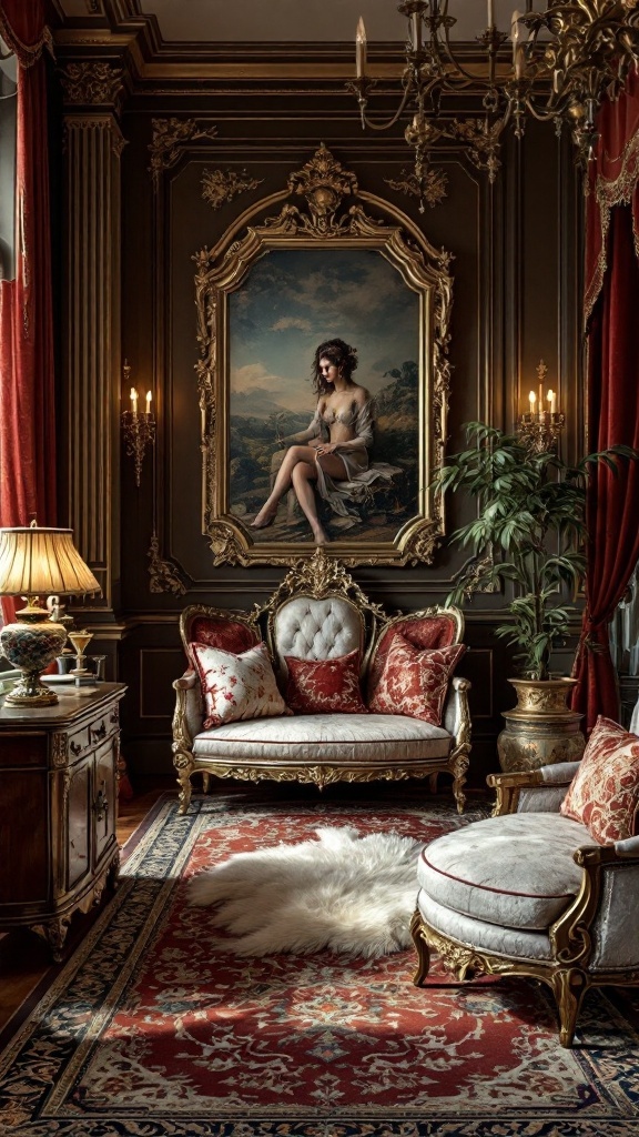 A luxurious vintage-themed bedroom with ornate furniture and rich fabrics.