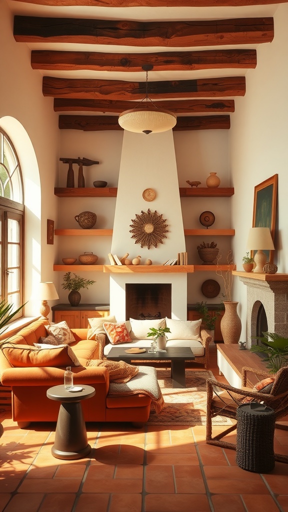 Spacious living room with earthy tones and Spanish-style decor featuring wooden beams and cozy furniture.