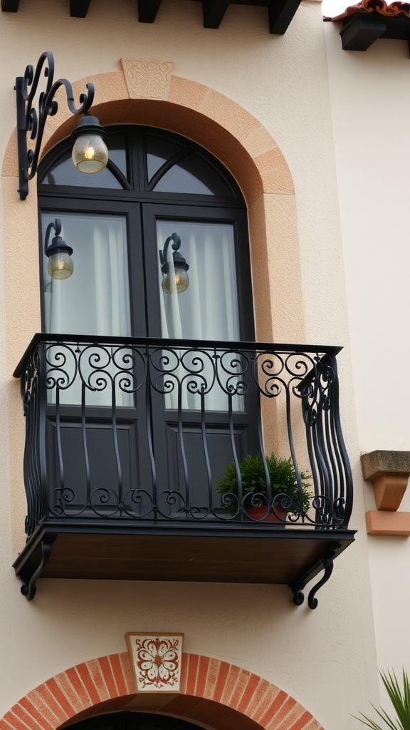 A balcony with wrought iron railing and vintage light fixtures above a window in a Spanish ranch-style home.