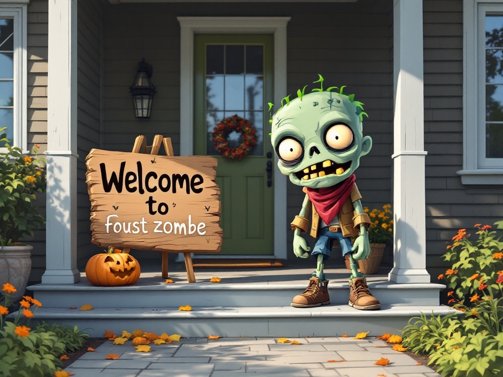 A friendly zombie character stands next to a wooden welcome sign that reads 'Welcome to Faust Zombe' on a decorated front porch.