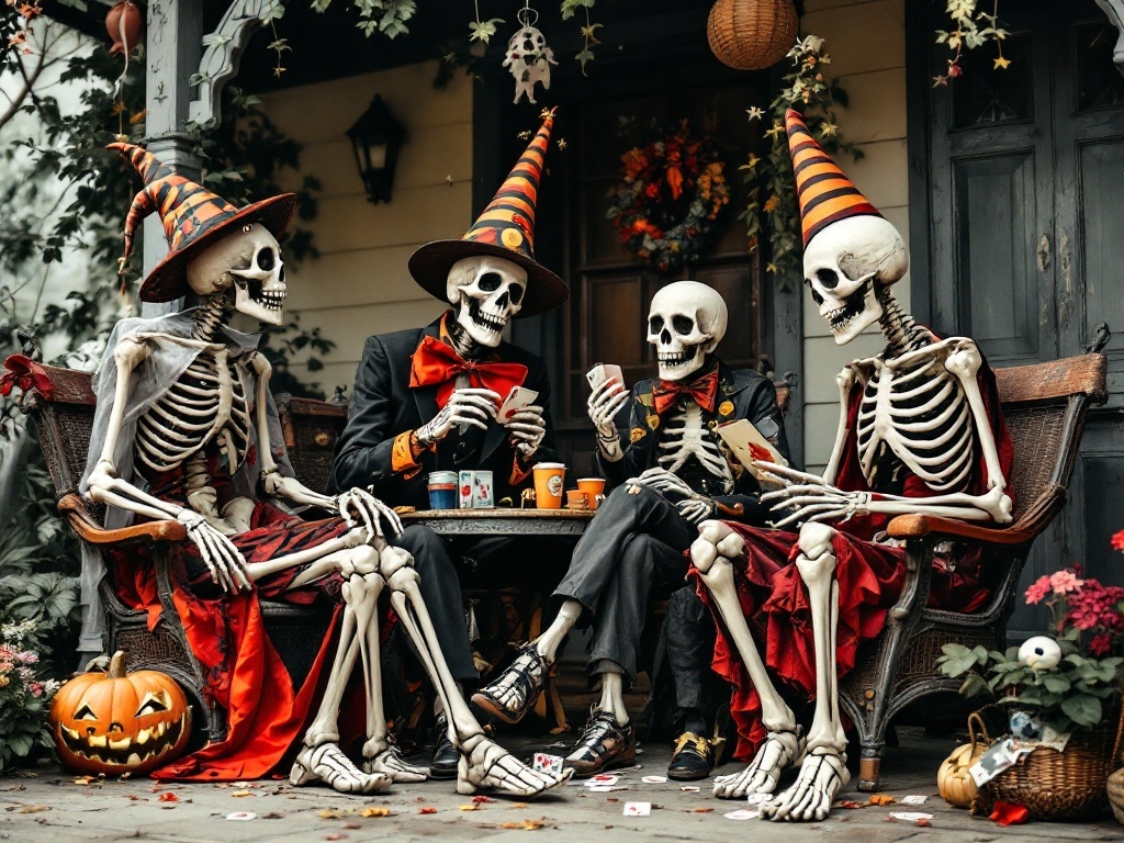 A playful skeleton family sitting on a porch, wearing party hats and enjoying drinks together.