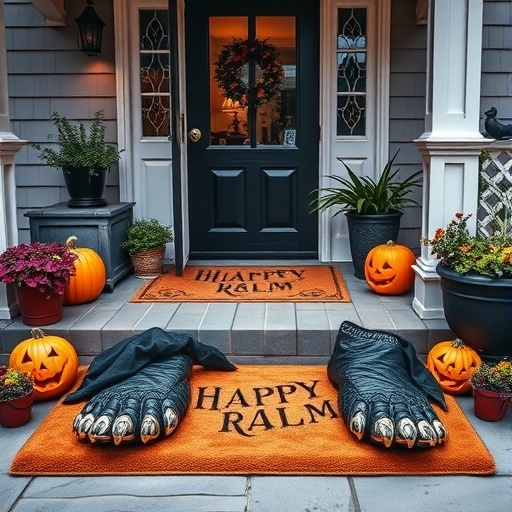 A Halloween-themed front porch featuring a monster feet door mat, pumpkins, and a welcoming door.
