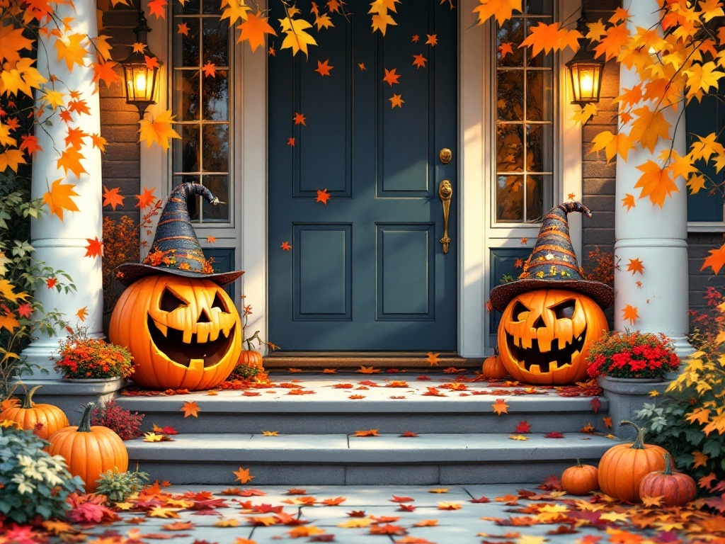 A front porch decorated with whimsical pumpkin characters wearing witch hats, surrounded by autumn leaves.