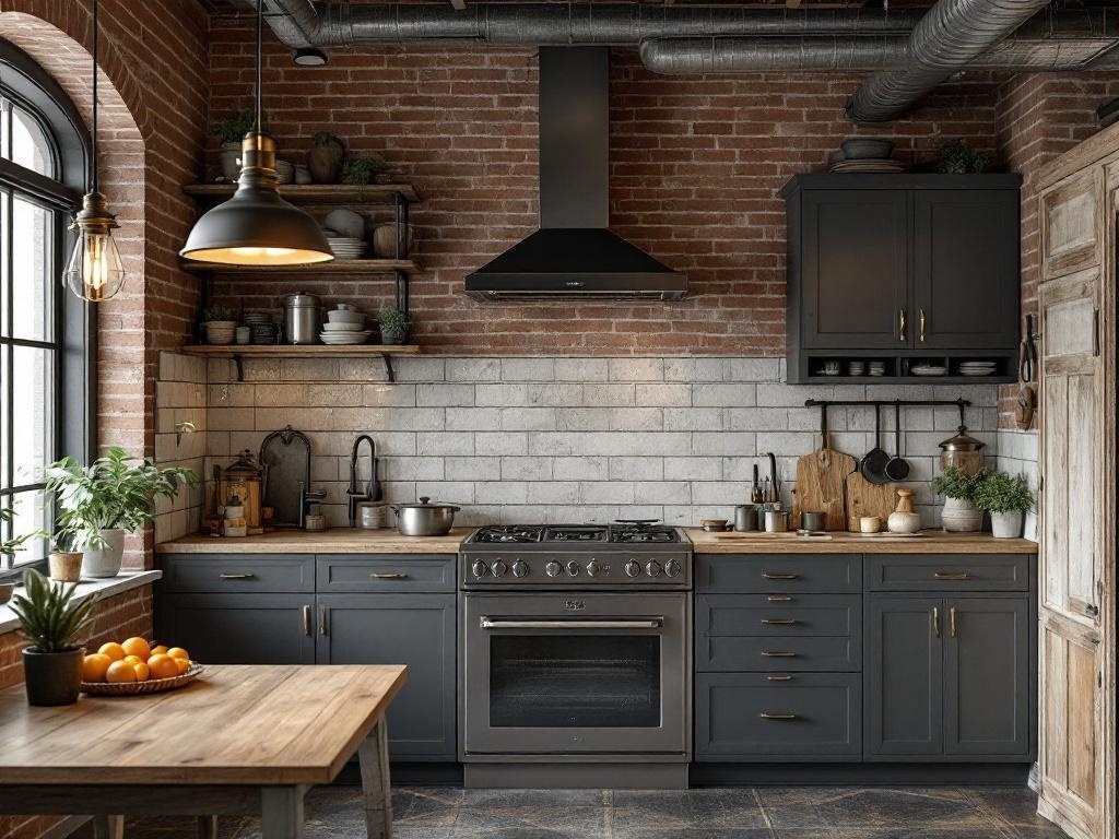 A modern industrial chic kitchen featuring exposed brick walls, dark gray cabinets, and open shelving.