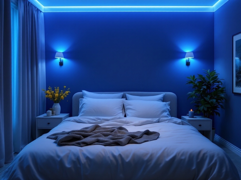 A cozy blue bedroom with soft blue lighting fixtures, featuring a bed with white linens, a plant, and yellow flowers.