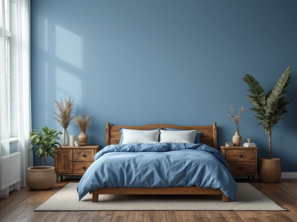 A cozy blue bedroom featuring rustic wooden furniture and blue accents.