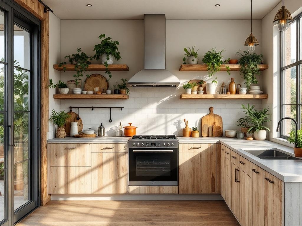 A modern kitchen featuring sustainable materials, with wooden cabinets, open shelves, and plants.