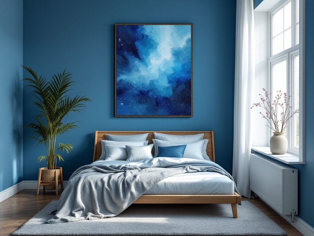 Cozy blue bedroom featuring abstract blue wall art
