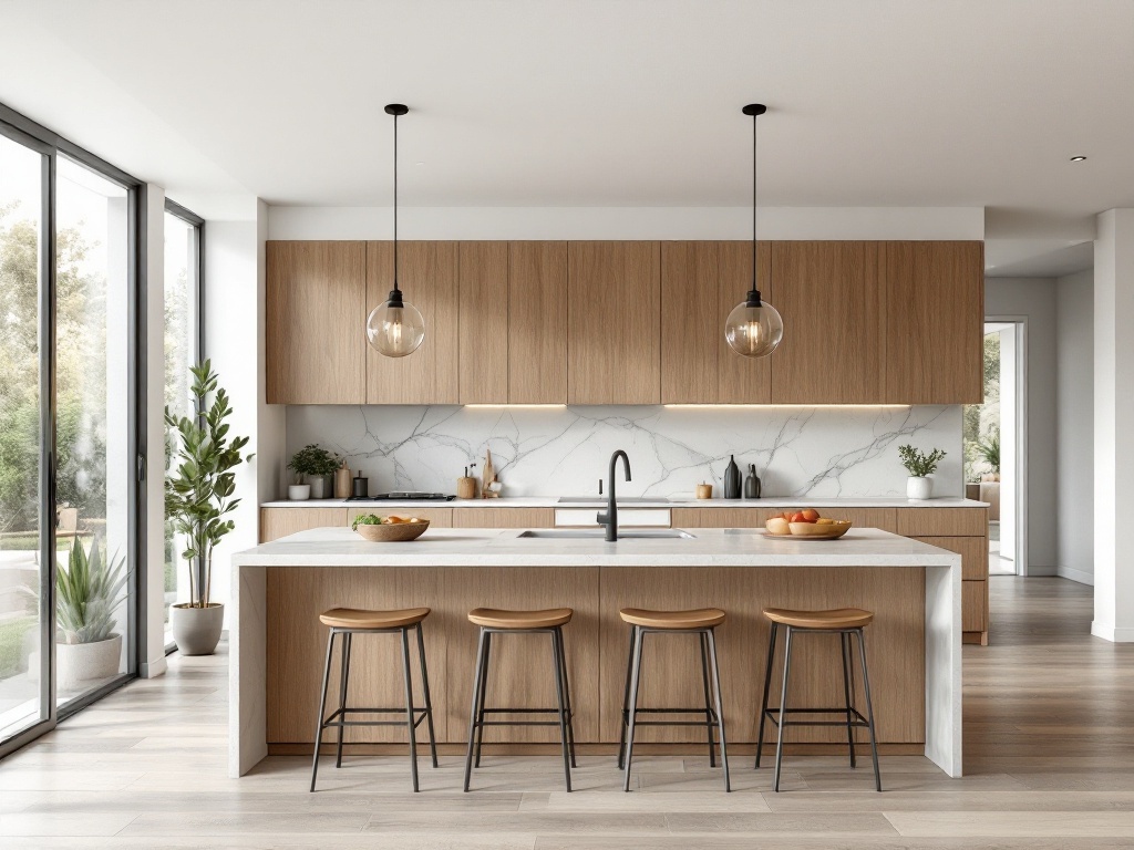 Modern kitchen with open concept layout featuring a large island, wooden cabinets, and natural light.