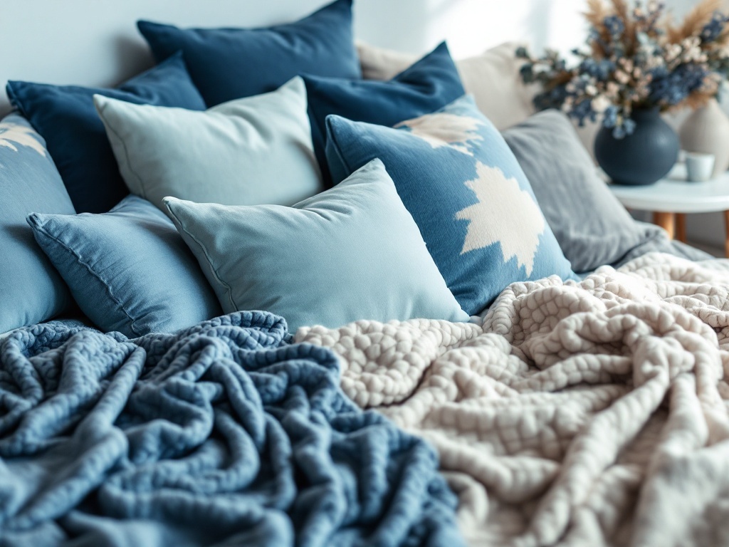 A cozy arrangement of blue throw pillows and blankets on a bed